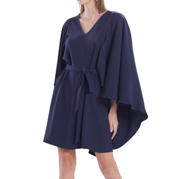 Natori Navy Blue Crepe Cape Dress V-Neck Belted Size M NWT - Picture 1 of 10